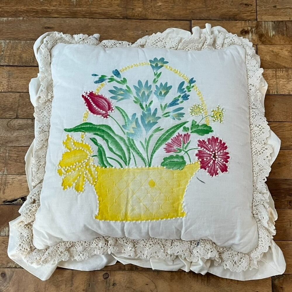 Vintage Floral Ruffled Lace Throw Pillow 11 x 11 Flowers In Basket Embroidery